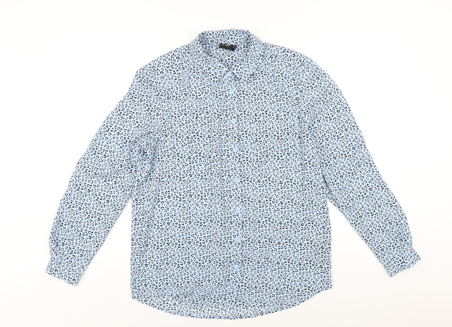 Editor's Cut Womens Blue Animal Print Polyester Basic Button-Up Size 8 Collared