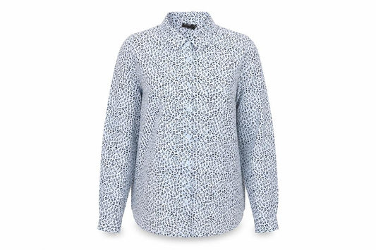 Front view of Editor's Cut women’s blue animal print polyester basic button-up, size UK 8, collared