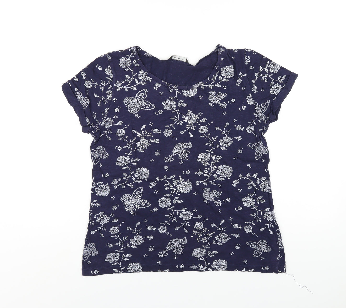 Dorothy Perkins Womens Blue Geometric Cotton Basic T-Shirt Size 14 Round Neck