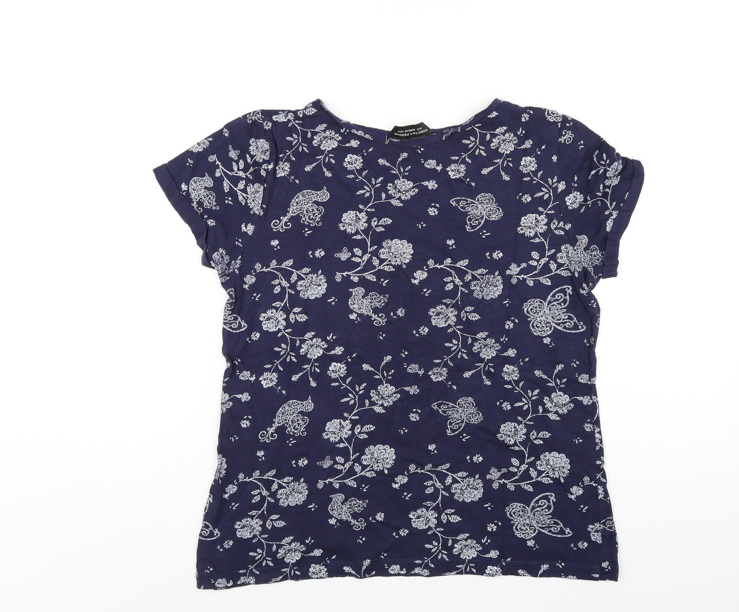 Dorothy Perkins Womens Blue Geometric Cotton Basic T-Shirt Size 14 Round Neck