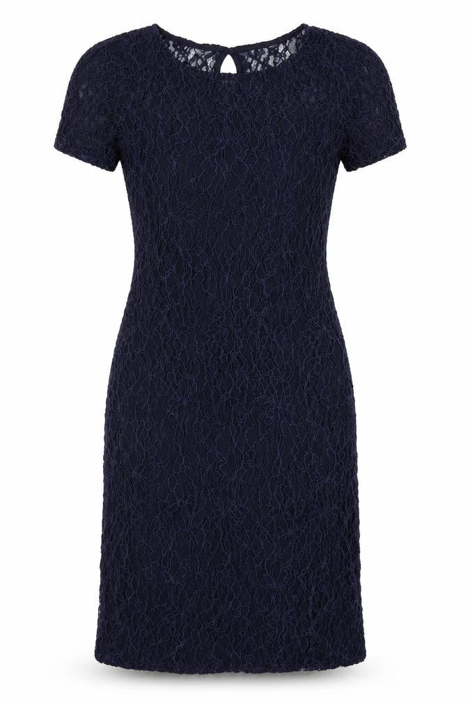 Front view of Solo women’s blue cotton bodycon, size UK 8, round neck button