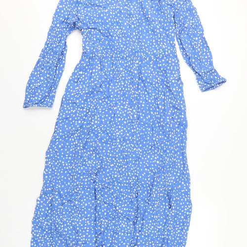 John Lewis Womens Blue Polka Dot Viscose A-Line Size 10 V-Neck Button