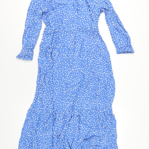 John Lewis Womens Blue Polka Dot Viscose A-Line Size 10 V-Neck Button