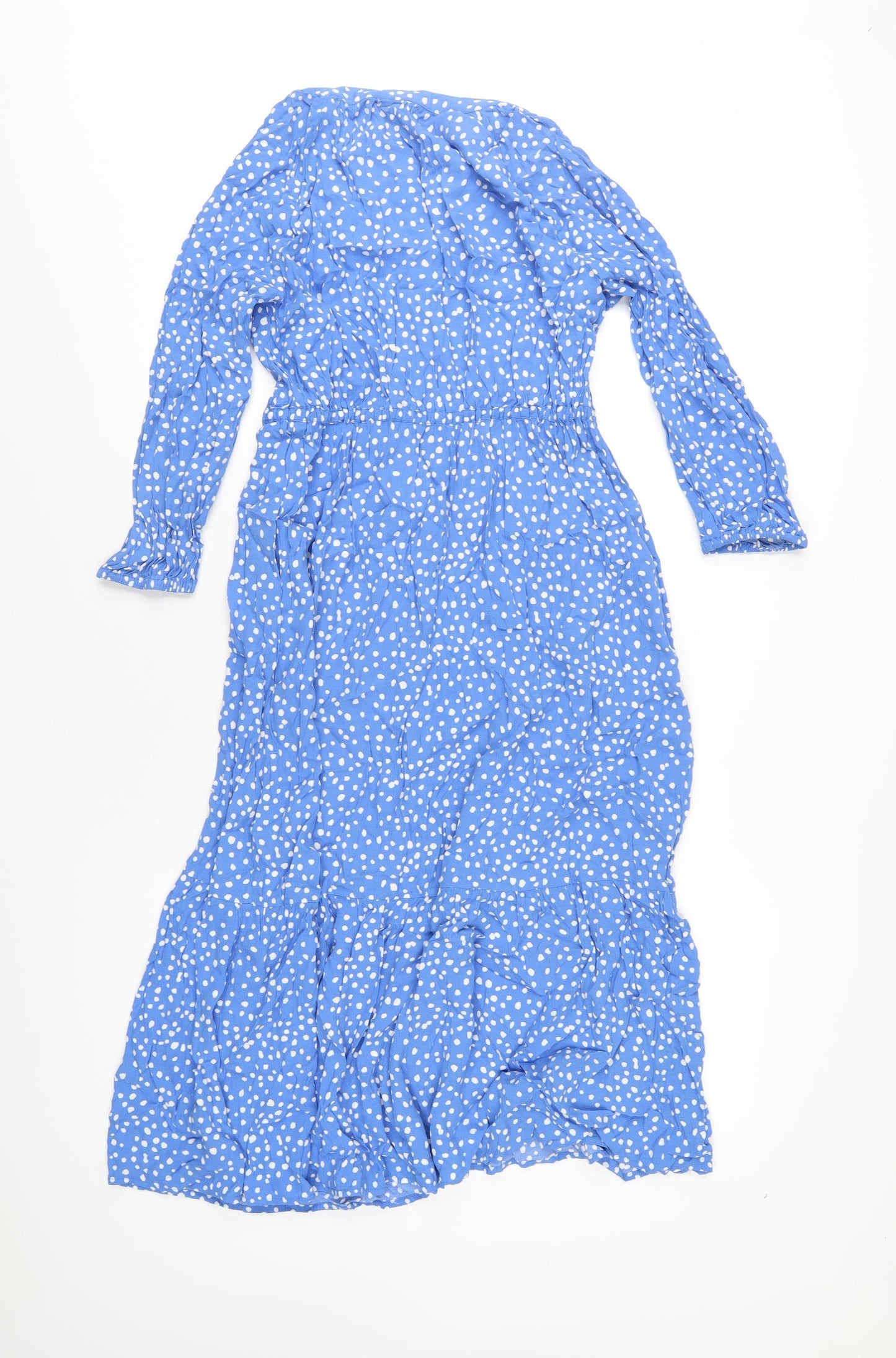 John Lewis Womens Blue Polka Dot Viscose A-Line Size 10 V-Neck Button