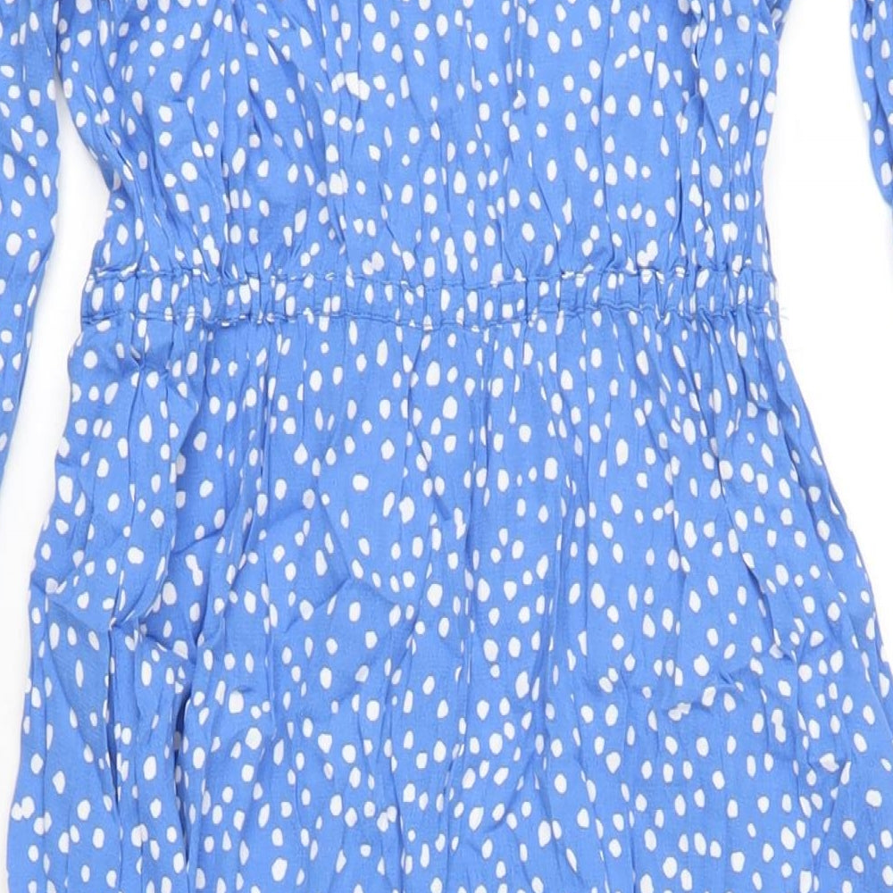 John Lewis Womens Blue Polka Dot Viscose A-Line Size 10 V-Neck Button