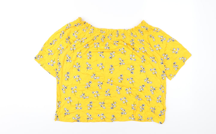 Marks and Spencer Womens Yellow Floral Viscose Basic T-Shirt Size 14 Off the Shoulder
