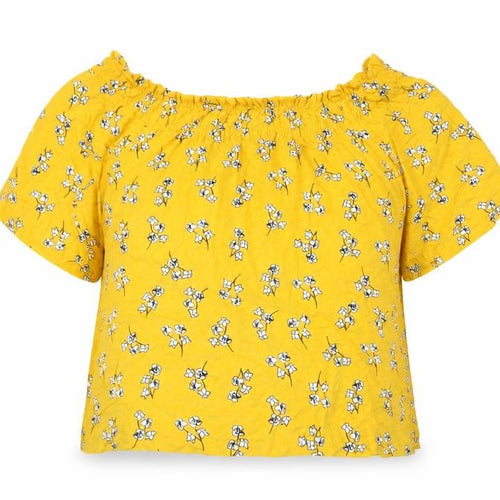 Marks and Spencer Womens Yellow Floral Viscose Basic T-Shirt Size 14 Off the Shoulder