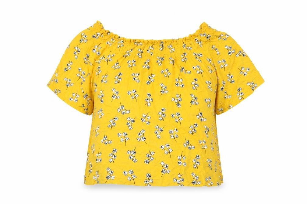 Marks and Spencer Womens Yellow Floral Viscose Basic T-Shirt Size 14 Off the Shoulder