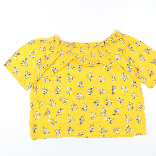 Marks and Spencer Womens Yellow Floral Viscose Basic T-Shirt Size 14 Off the Shoulder