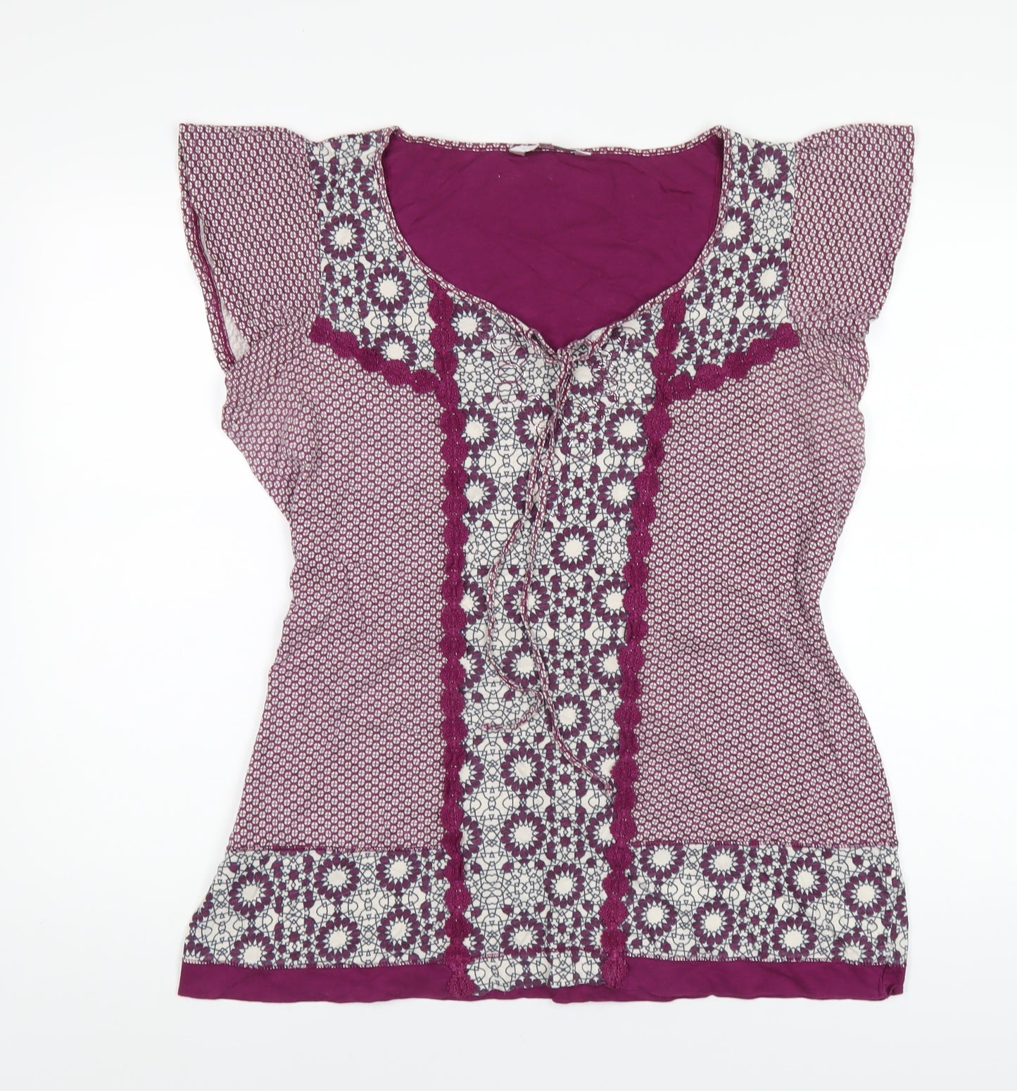 RJR.John Rocha Womens Purple Geometric Cotton Basic T-Shirt Size 16 Scoop Neck