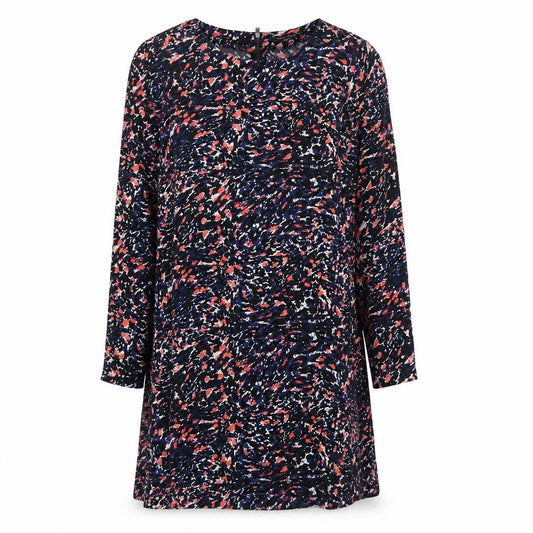 Front view of Warehouse women’s multicoloured geometric polyester a-line, size UK 12, round neck zip