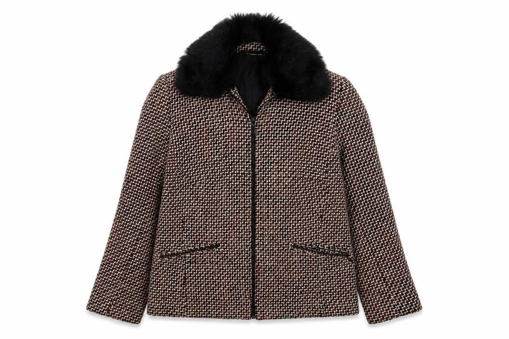 Front view of Slimma women’s multicoloured geometric jacket, size UK 12, zip