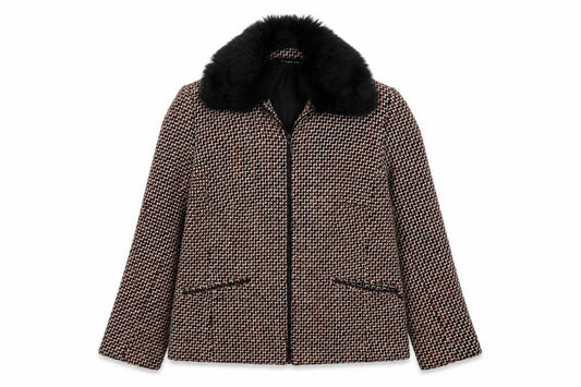 Front view of Slimma women’s multicoloured geometric jacket, size UK 12, zip