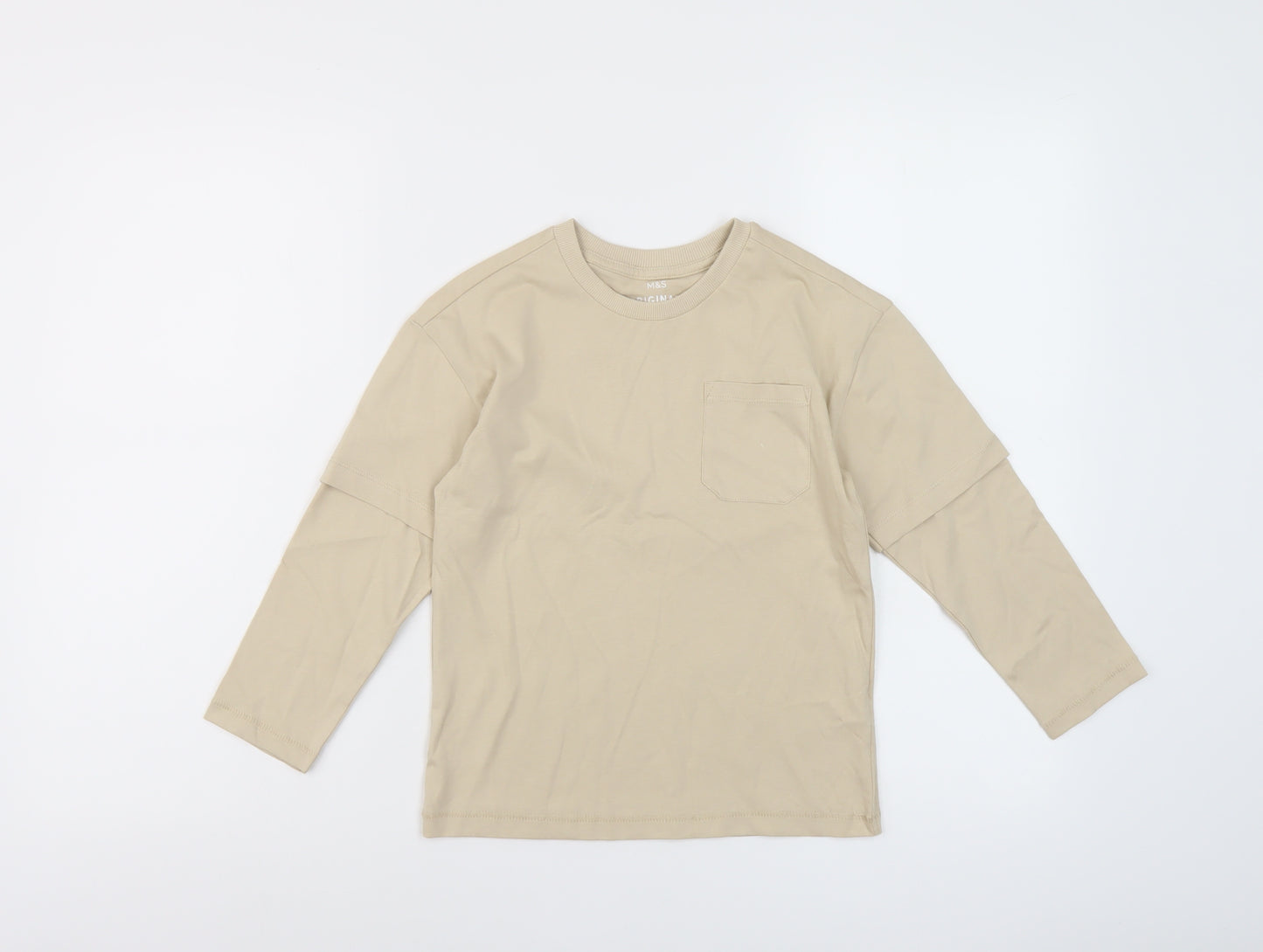 Marks and Boys Beige Cotton Basic T-Shirt Size 6-7 Years Crew Neck Pullover