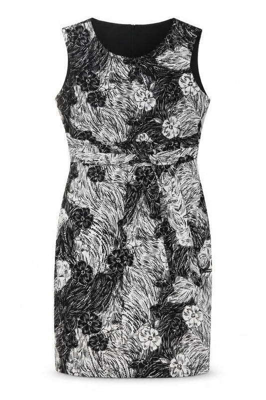 Front view of M&Co women’s black geometric polyester sheath, size UK 14, round neck zip