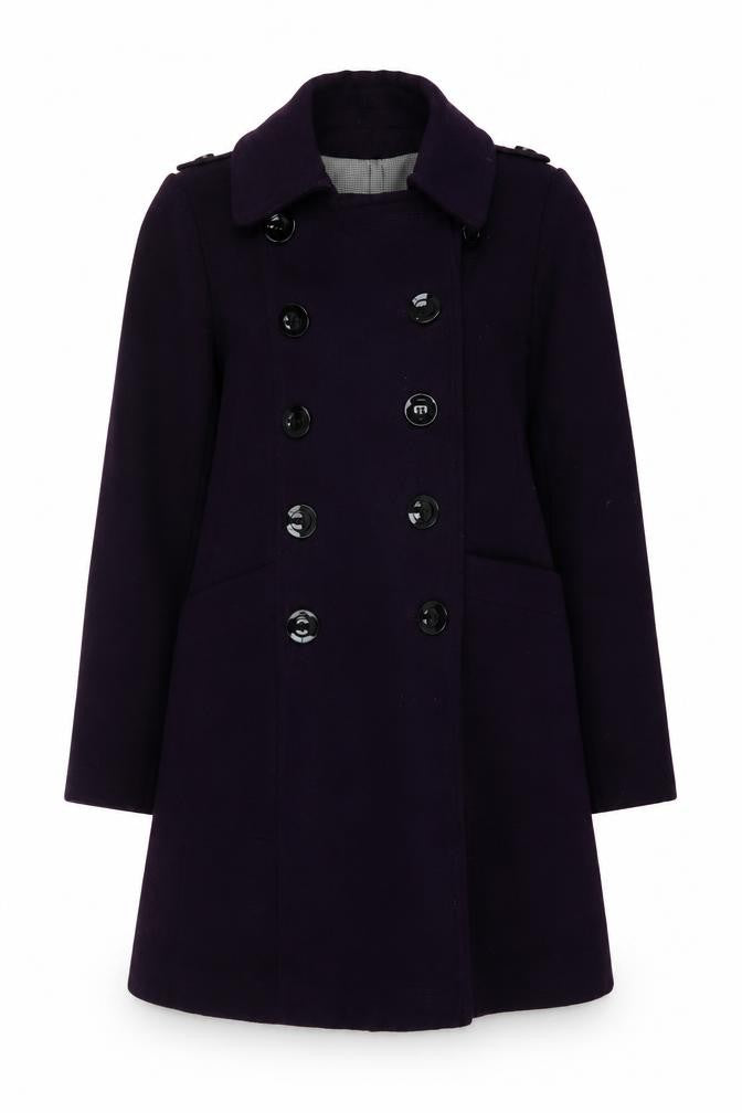 Front view of Marks & Spencer women’s purple overcoat coat, size UK 8, button