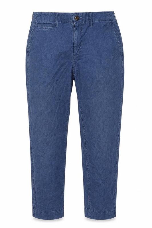 Front view of Gap women’s blue cotton trousers, size UK 6, 25-inch leg regular button