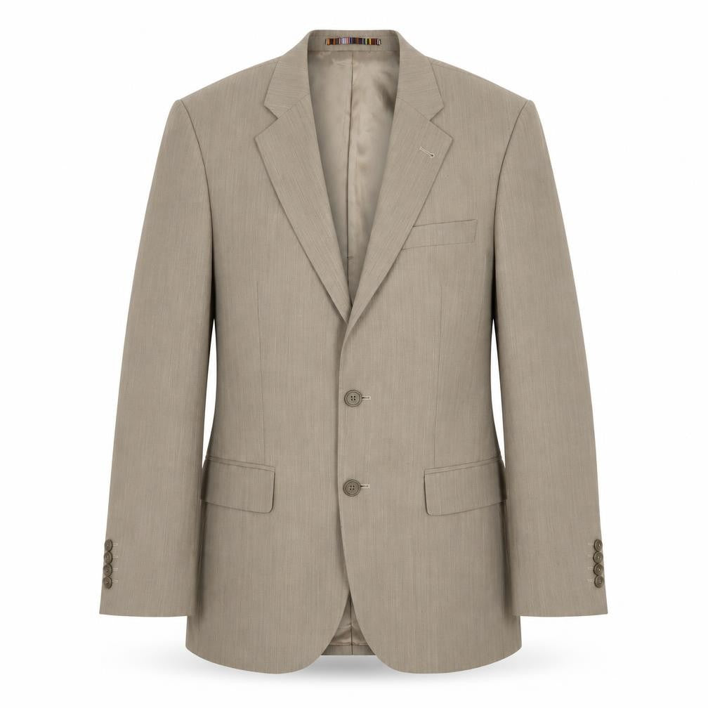Front view of River Island men’s beige polyester jacket suit jacket, size 38, regular