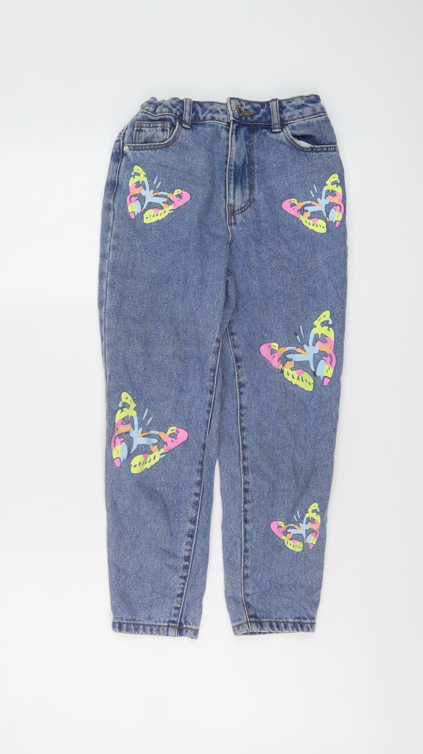 Primark Girls Blue Geometric Cotton Cropped Jeans Size 8-9 Years Regular Button - buttefly