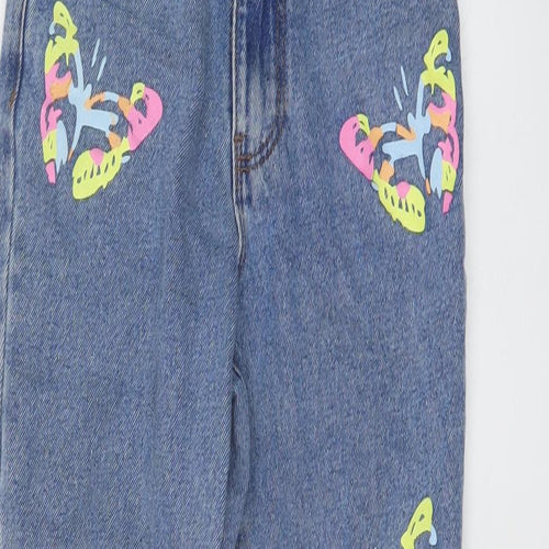 Primark Girls Blue Geometric Cotton Cropped Jeans Size 8-9 Years Regular Button - buttefly