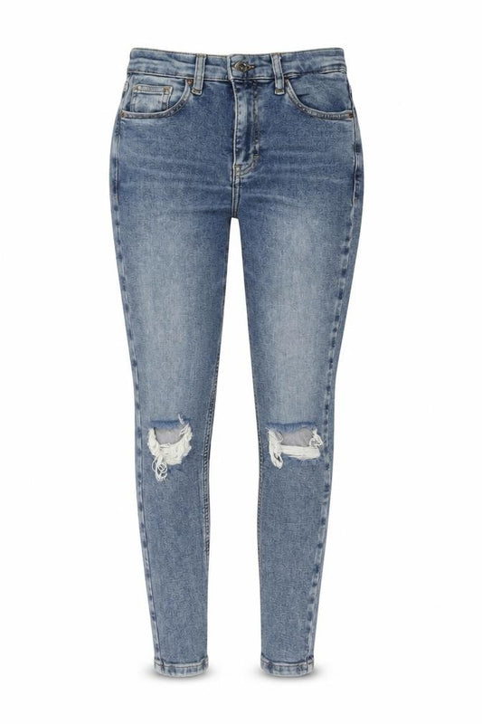 Front view of Topshop women’s blue cotton skinny jeans, size UK 26, in, 25-inch leg regular button