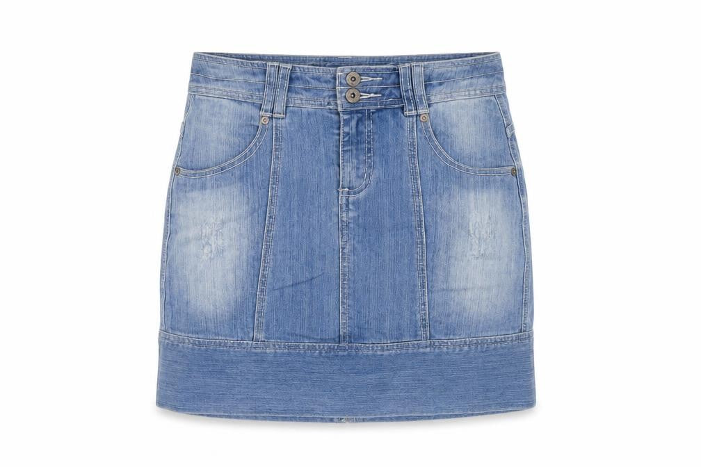Front view of Casual Denim women’s blue cotton mini skirt, size UK 8, button