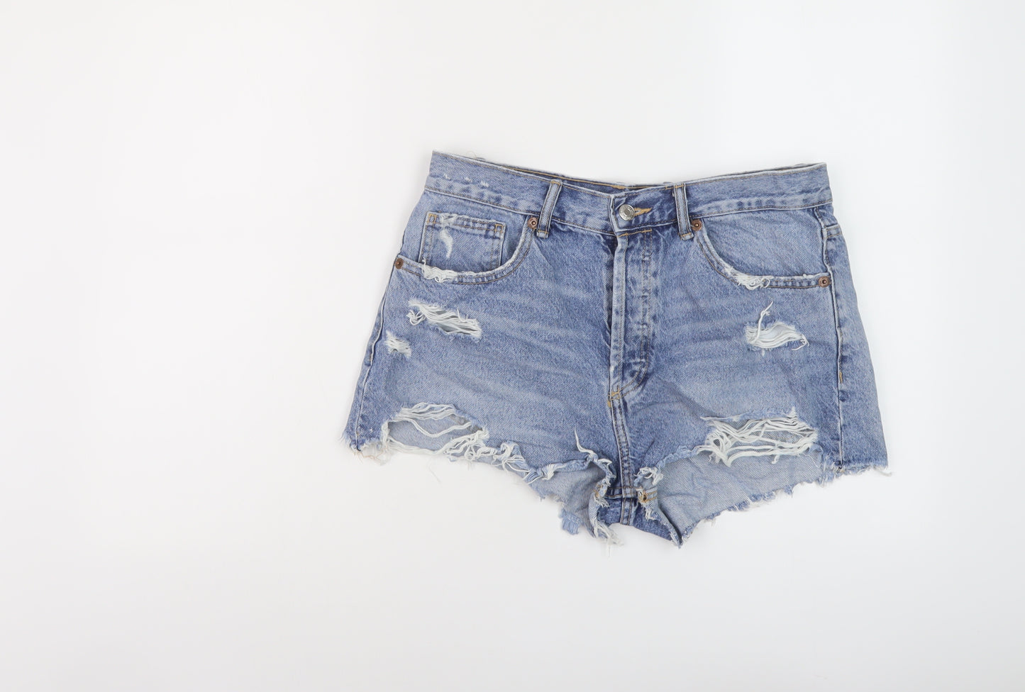 Zara Womens Blue Cotton Hot Pants Shorts Size 12 L3 in Regular Button