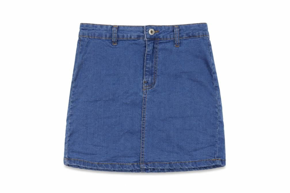 Front view of Dont think twice women’s blue cotton mini skirt, size UK 8, button