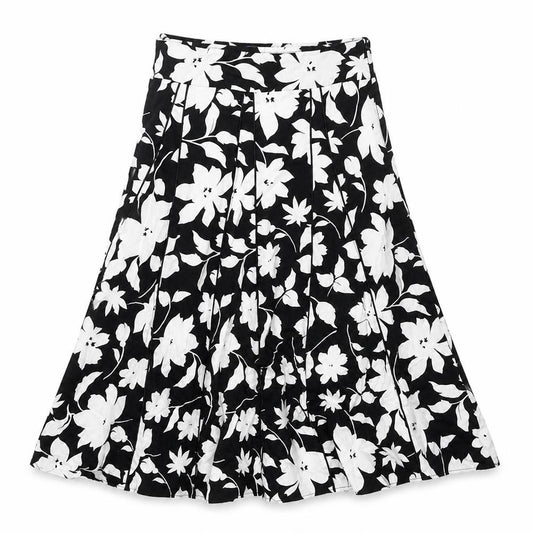 Front view of Autonomy women’s black floral cotton trumpet skirt, size UK 10, zip