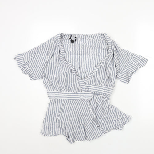 Lumiere Womens Blue Striped Cotton Wrap Blouse Size M V-Neck - Peplum