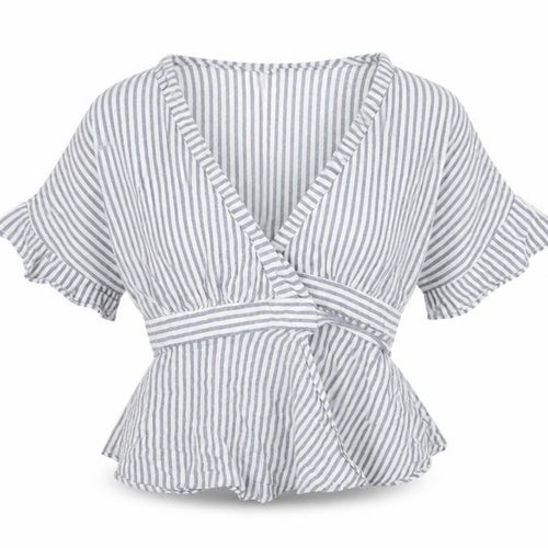 Lumiere Womens Blue Striped Cotton Wrap Blouse Size M V-Neck - Peplum