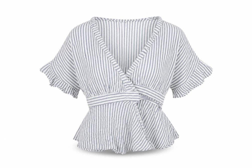 Lumiere Womens Blue Striped Cotton Wrap Blouse Size M V-Neck - Peplum