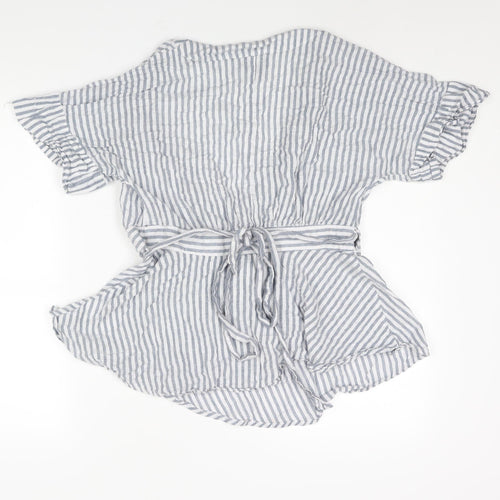 Lumiere Womens Blue Striped Cotton Wrap Blouse Size M V-Neck - Peplum
