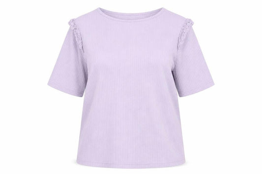 Front view of New Look women’s purple viscose basic blouse, size UK 16, round neck - lace frill