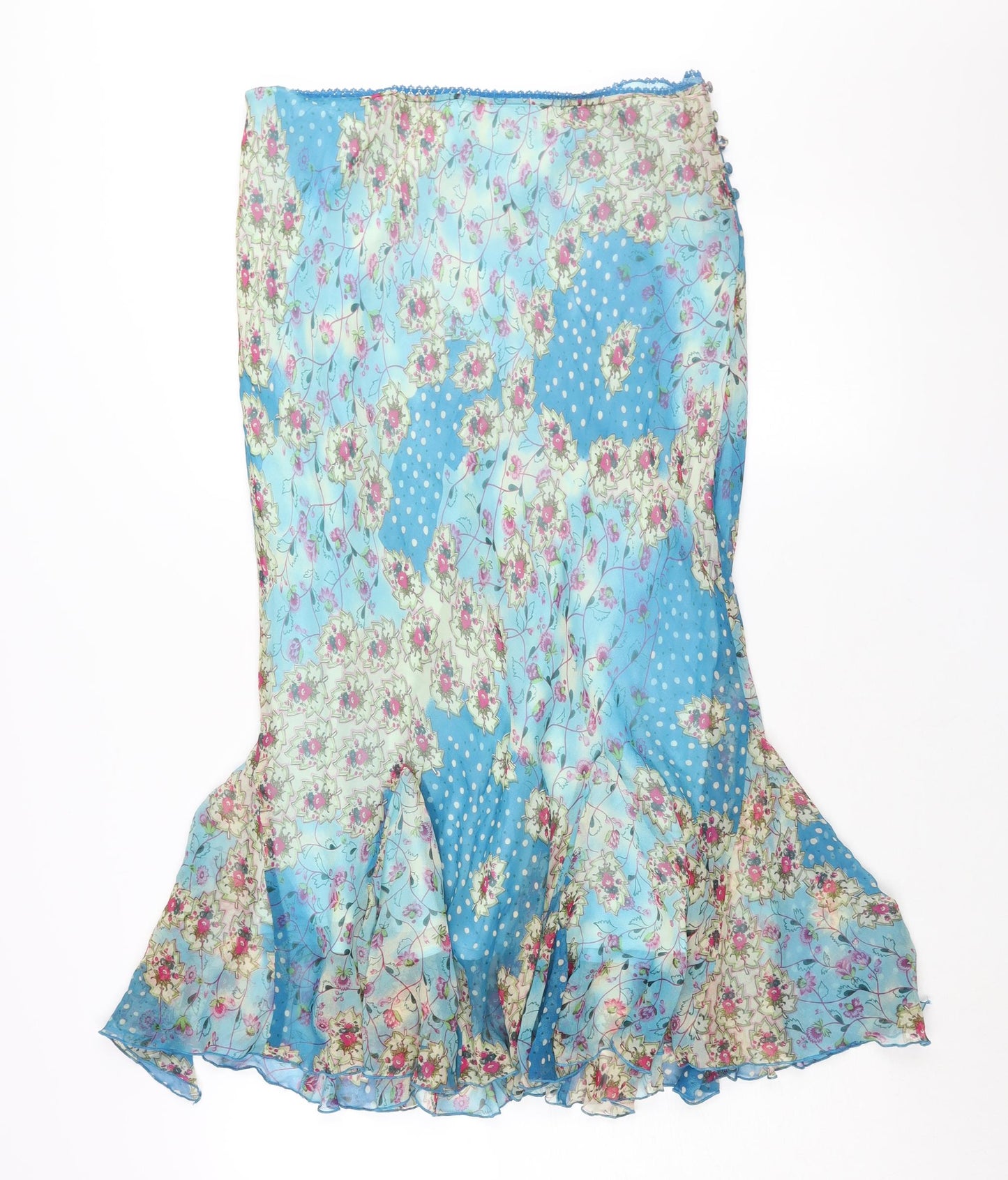 Phase Eight Womens Blue Geometric Silk Trumpet Skirt Size 14 Button