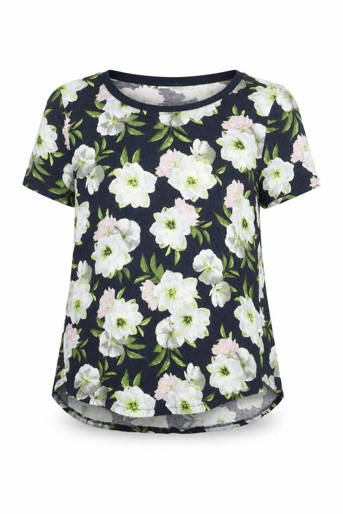 Front view of Oasis women’s blue floral viscose basic blouse, size S, round neck