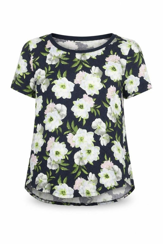 Front view of Oasis women’s blue floral viscose basic blouse, size S, round neck
