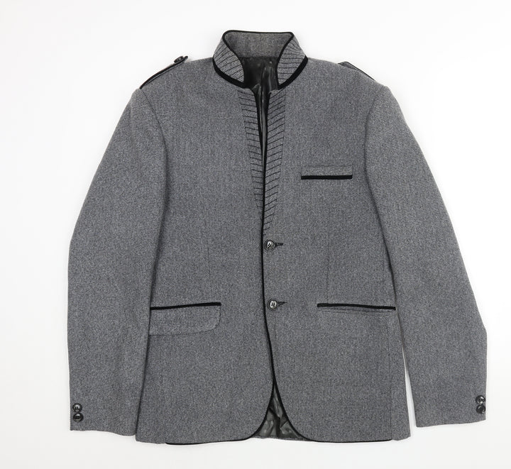 Astonia Mens Grey Herringbone Polyester Jacket Blazer Size 40 Regular - No Lapel Velvet Trim