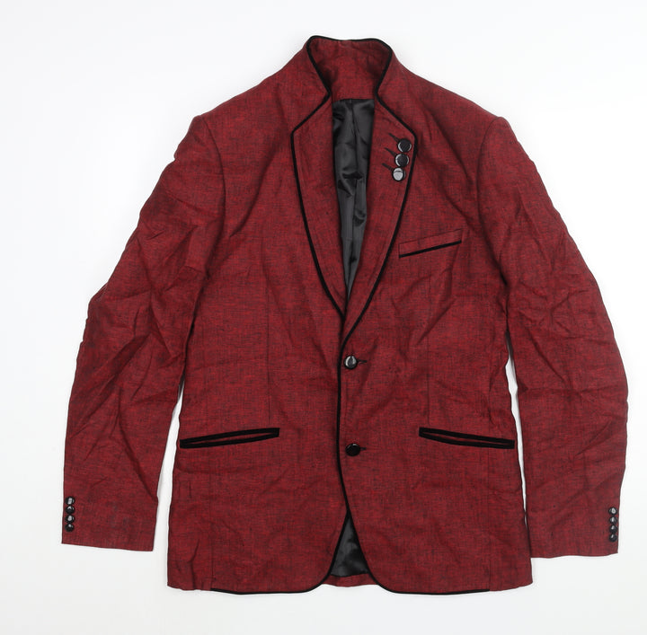 Leemans Mens Red Polyester Jacket Suit Jacket Size 38 Regular - Velvet Trim Detail