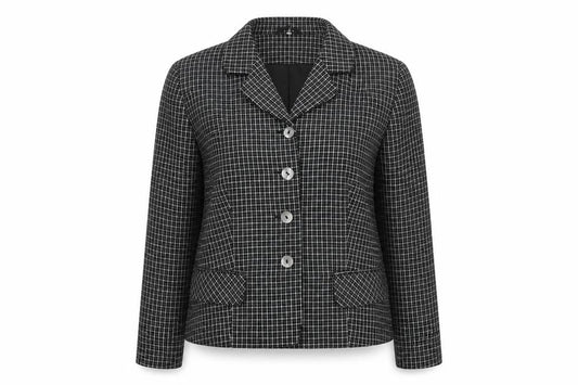 Front view of New Look women’s black check jacket, size UK 14, button