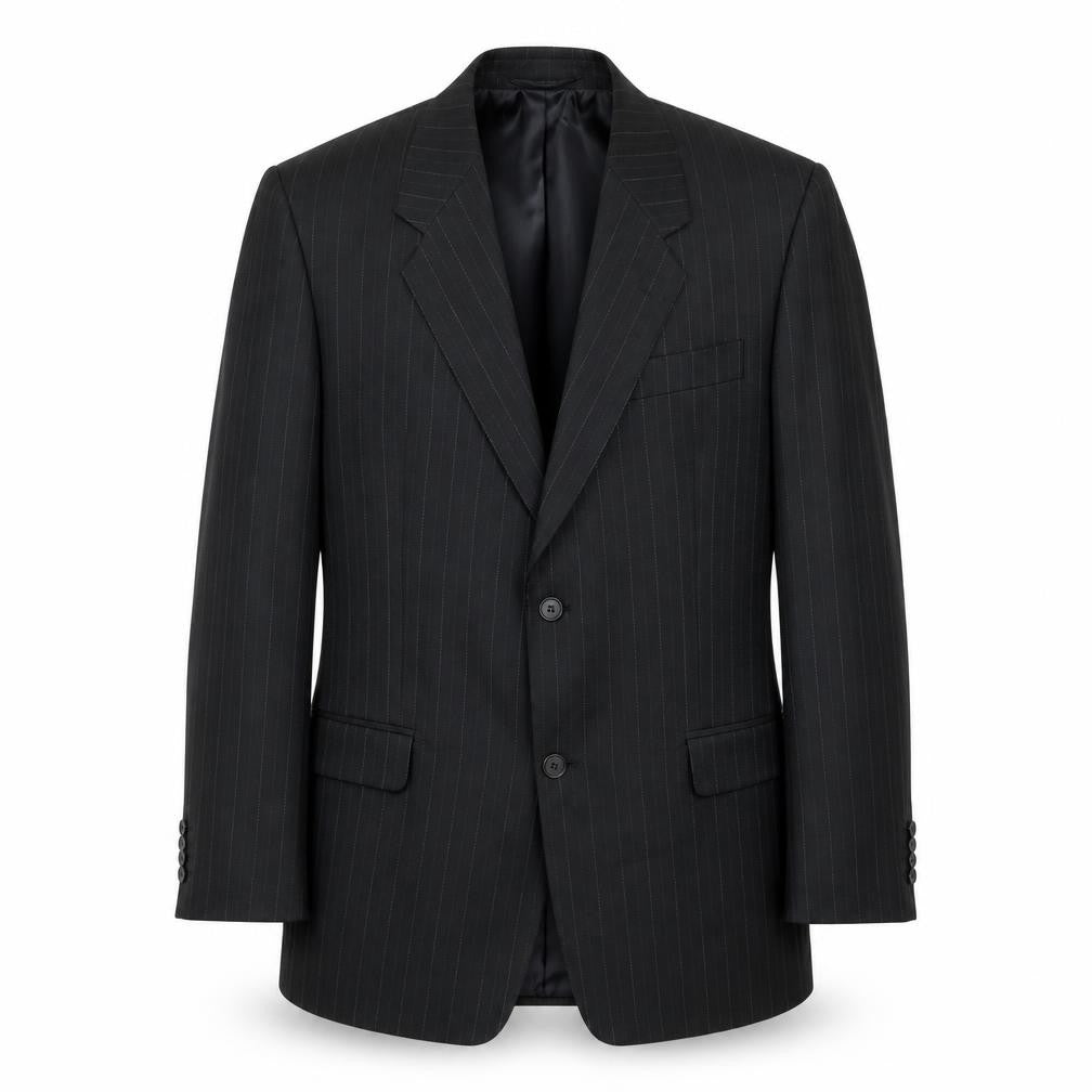 Front view of C&A men’s black striped polyester jacket suit jacket, size 42, regular