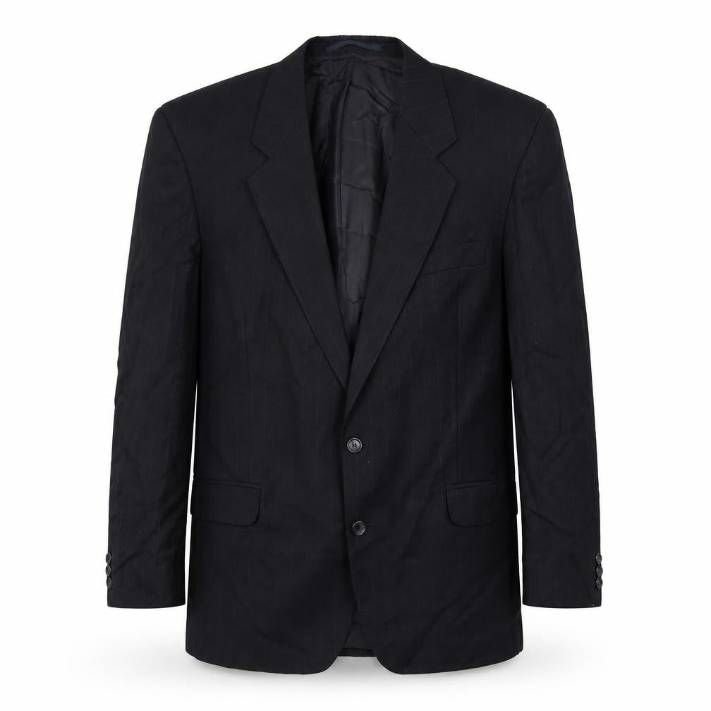 Front view of C&A men’s blue striped polyester jacket suit jacket, size 42, regular