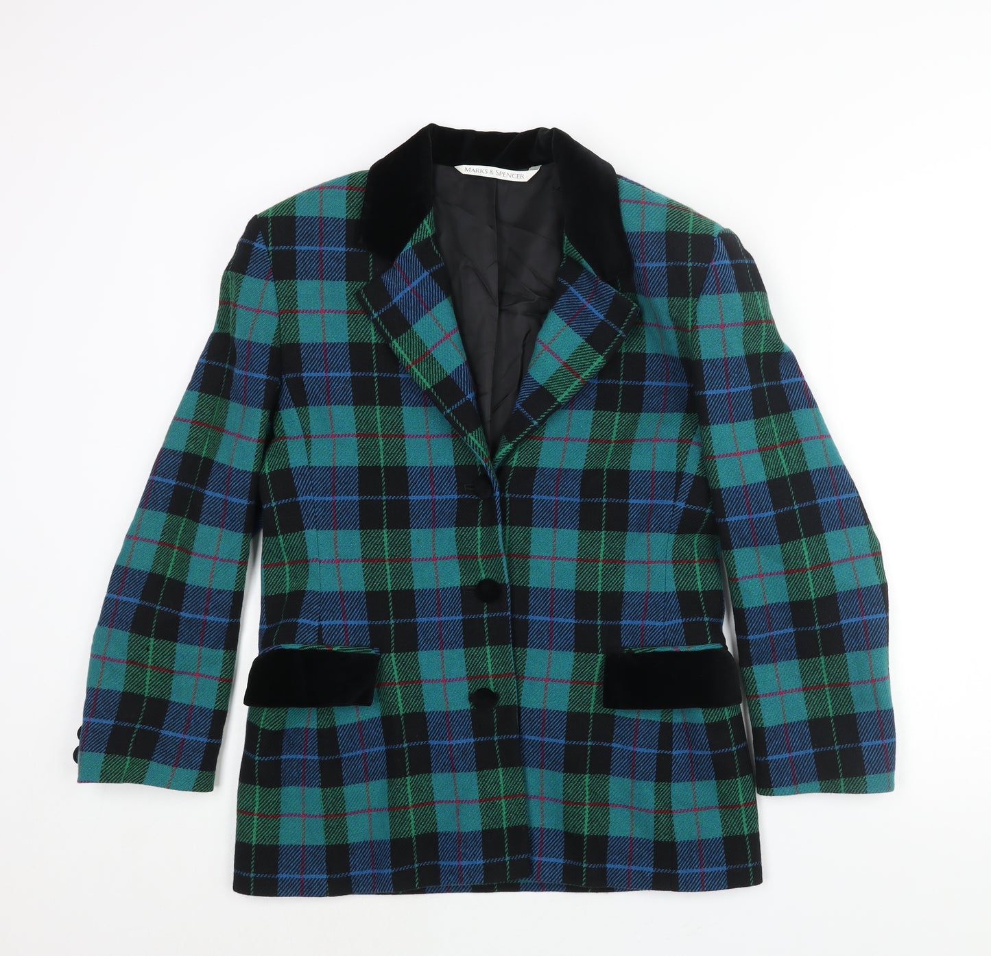 St Michael Womens Green Check Jacket Blazer Size 12 Button - Velvet Detail