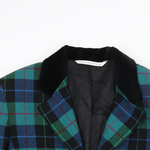 St Michael Womens Green Check Jacket Blazer Size 12 Button - Velvet Detail