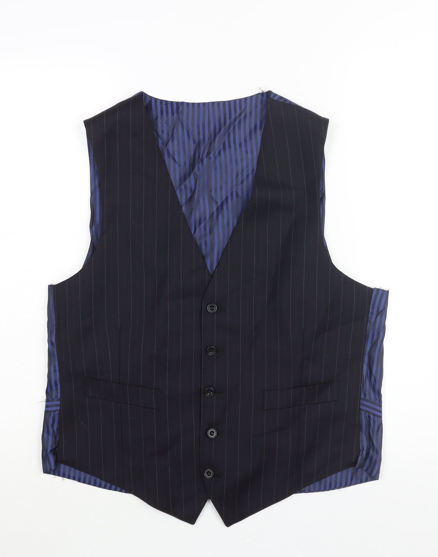 Marks and Spencer Mens Blue Striped Wool Jacket Suit Waistcoat Size M Regular