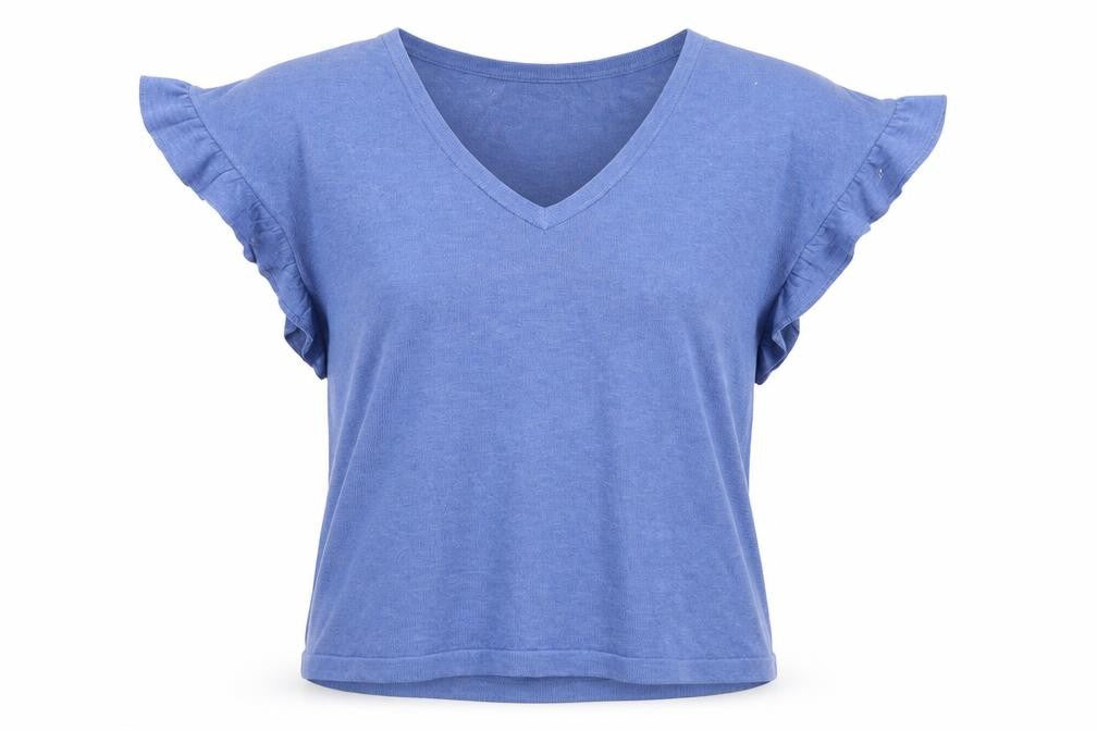 Front view of Next women’s blue v-neck acrylic jumper, size M, - frill