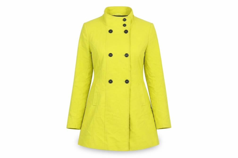 Front view of Per Una women’s yellow overcoat coat, size UK 14, button