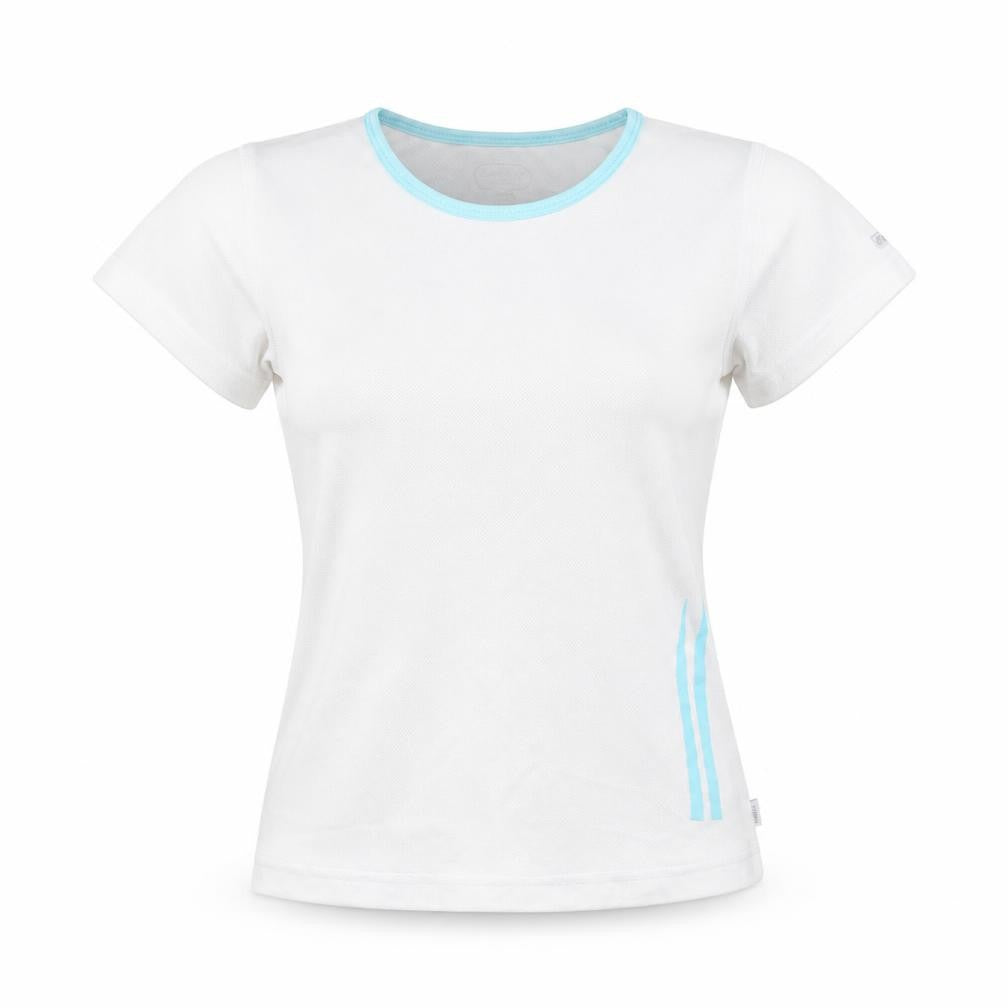 Front view of Lotto women’s white polyester basic t-shirt, size UK 10, round neck pullover - stripe detail