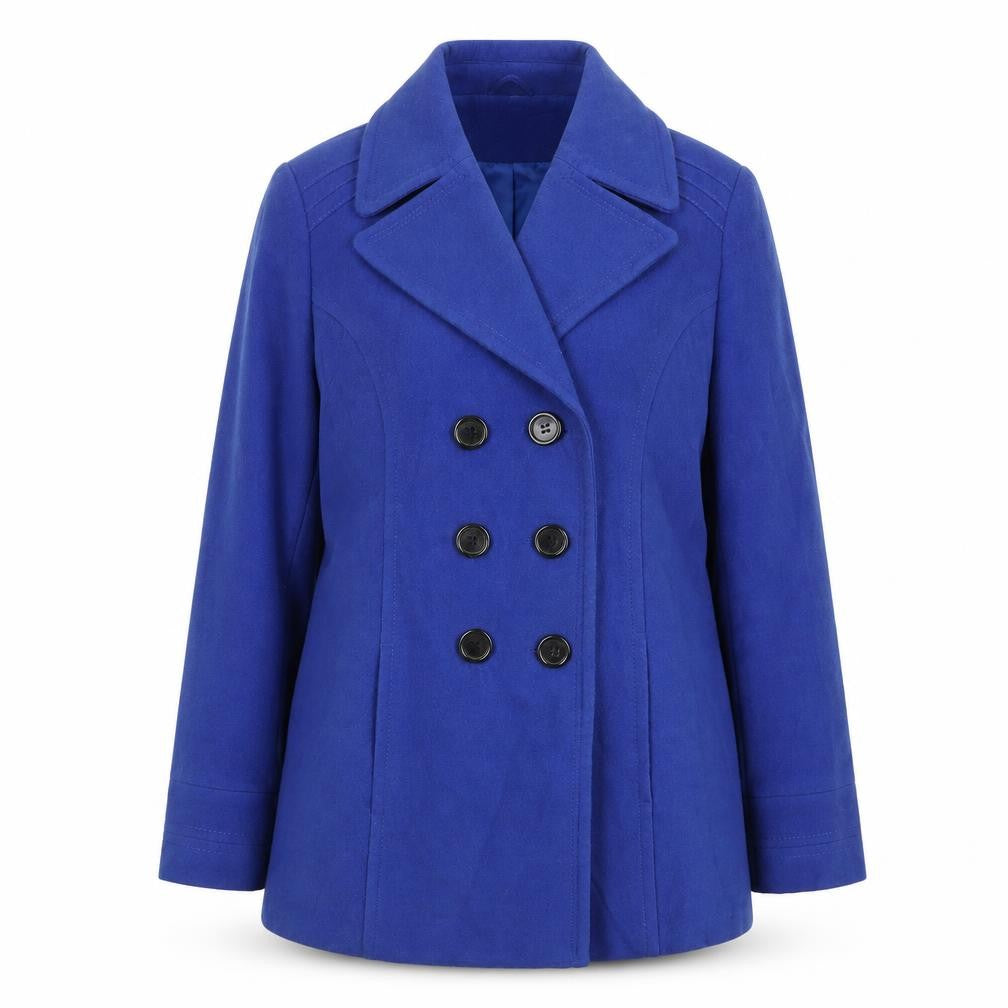 Front view of BHS women’s blue pea coat coat, size UK 14, button - double breasted