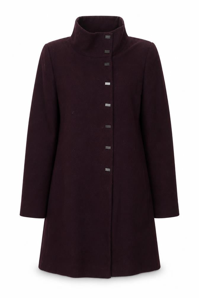 Front view of Debenhams women’s purple overcoat coat, size UK 14, button